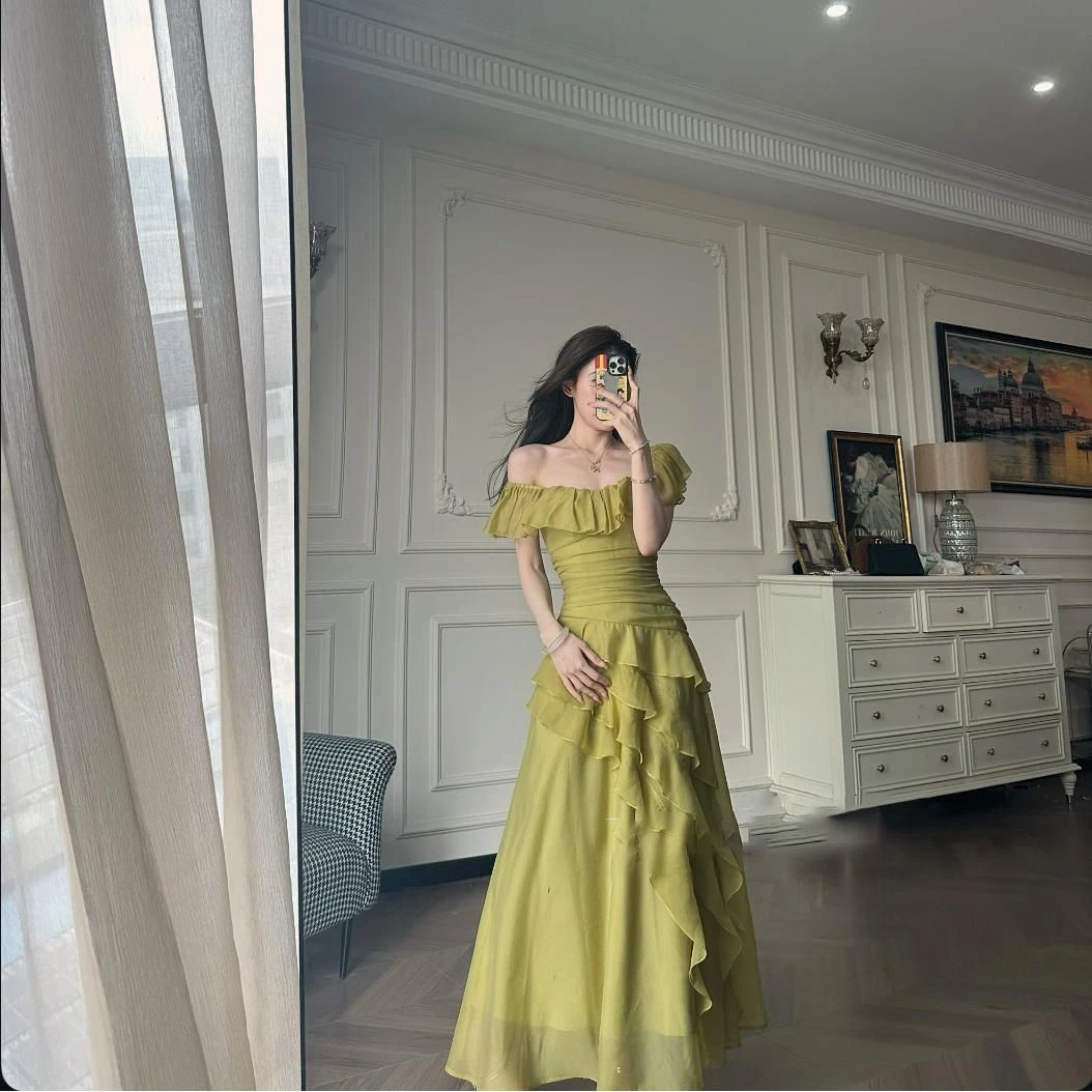 【绿野风声】气质收腰仙气飘飘绝美女神范长款连衣裙法式一字肩长裙