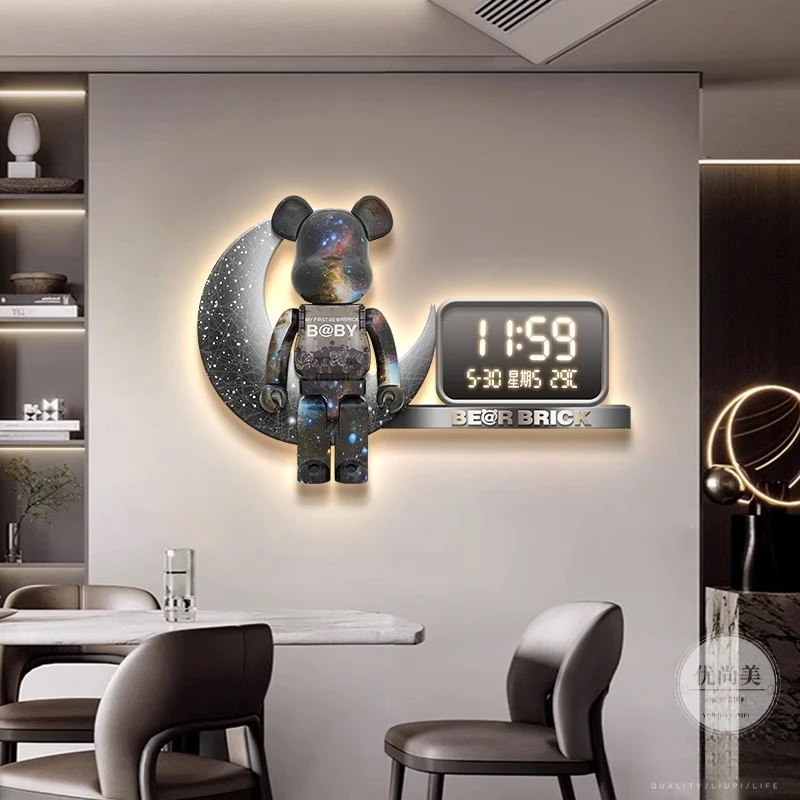 现代轻奢餐厅装饰画暴力熊LED电子时钟挂钟高级感客厅钟表挂画