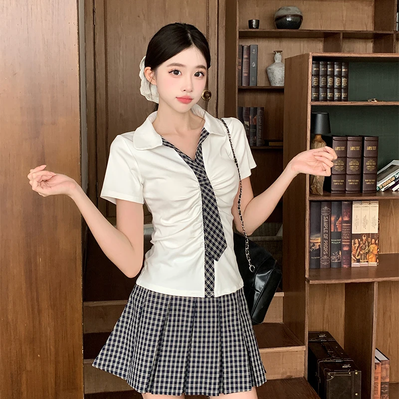 大码胖mm韩版学院风领带正肩短袖T恤高腰百褶短裙A字长裙套装5923