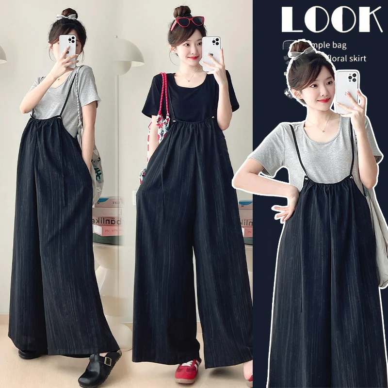 【酥酥】孕妇装夏季丝滑柔顺高级感吊带阔腿裤两件套背带裤套装