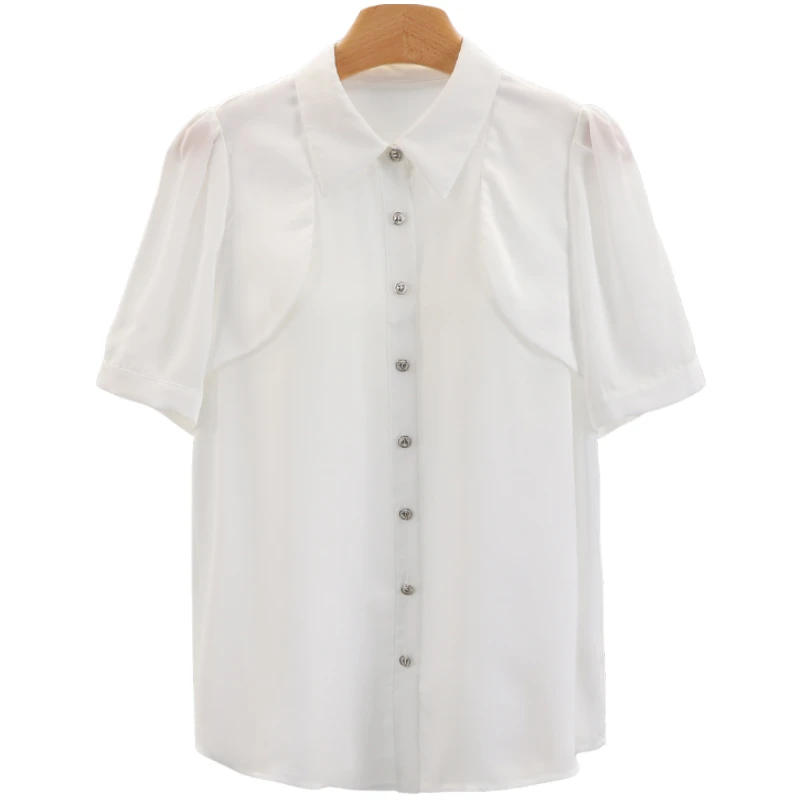 F1013-【郁】个性带感单排扣方领短袖纯色衬衫#XYX56S035