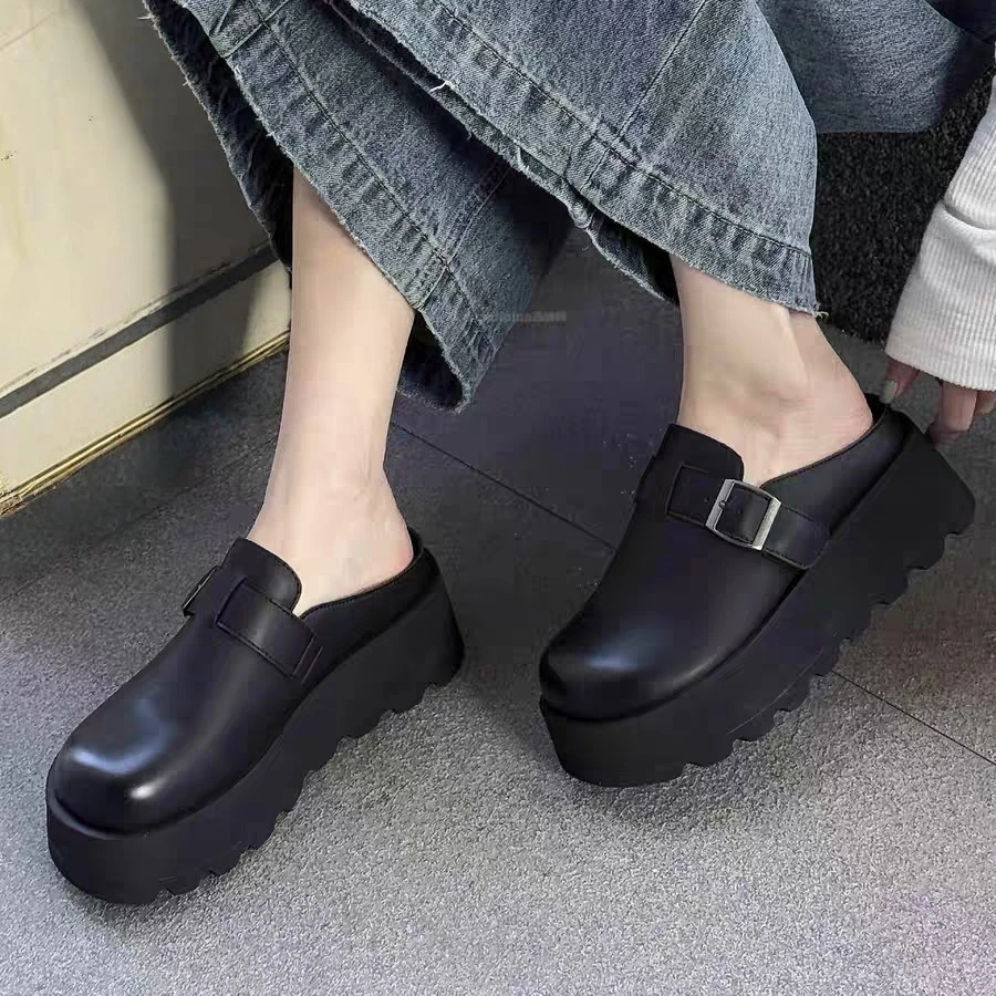 厚底包头半拖鞋女秋季新款厚底增高小个子懒人勃肯鞋30092