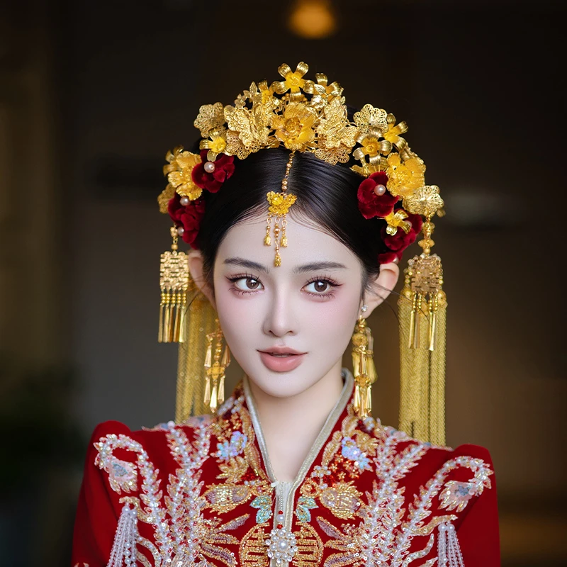 合金婚庆饰品 新娘中式红色绒花金色蝴蝶流苏秀禾婚礼发饰MT081T