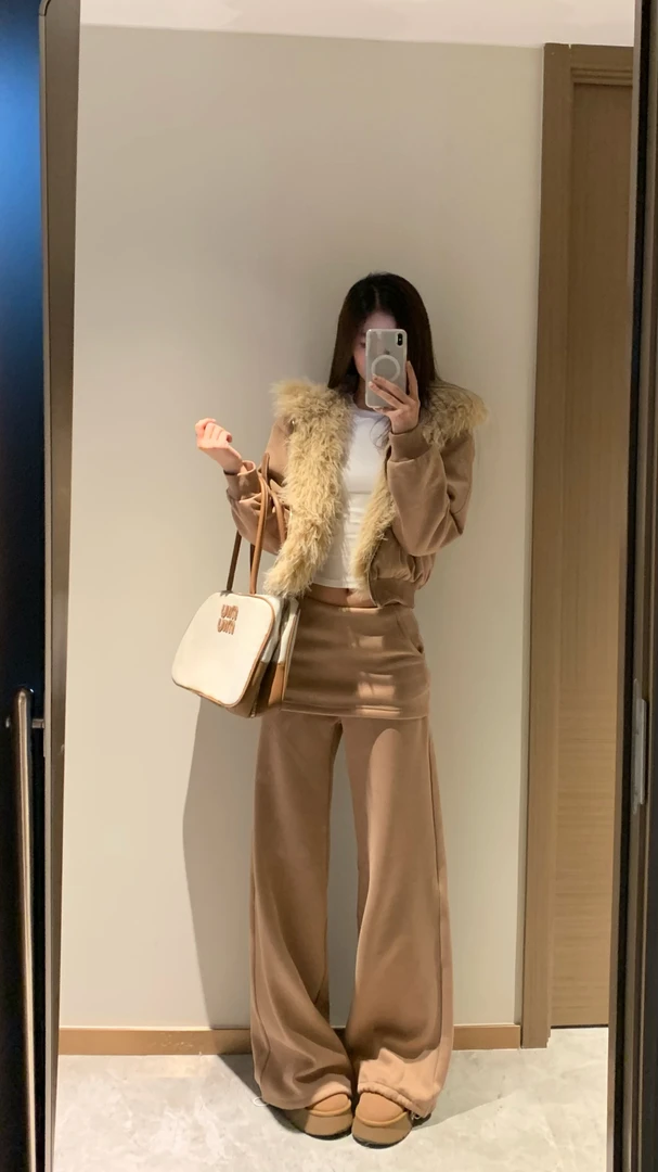 辣妹设计感夹棉加厚连帽毛毛外套女假两件加绒微喇长裤套装