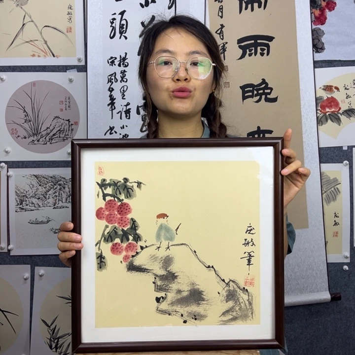 国画手绘硕果累累带框