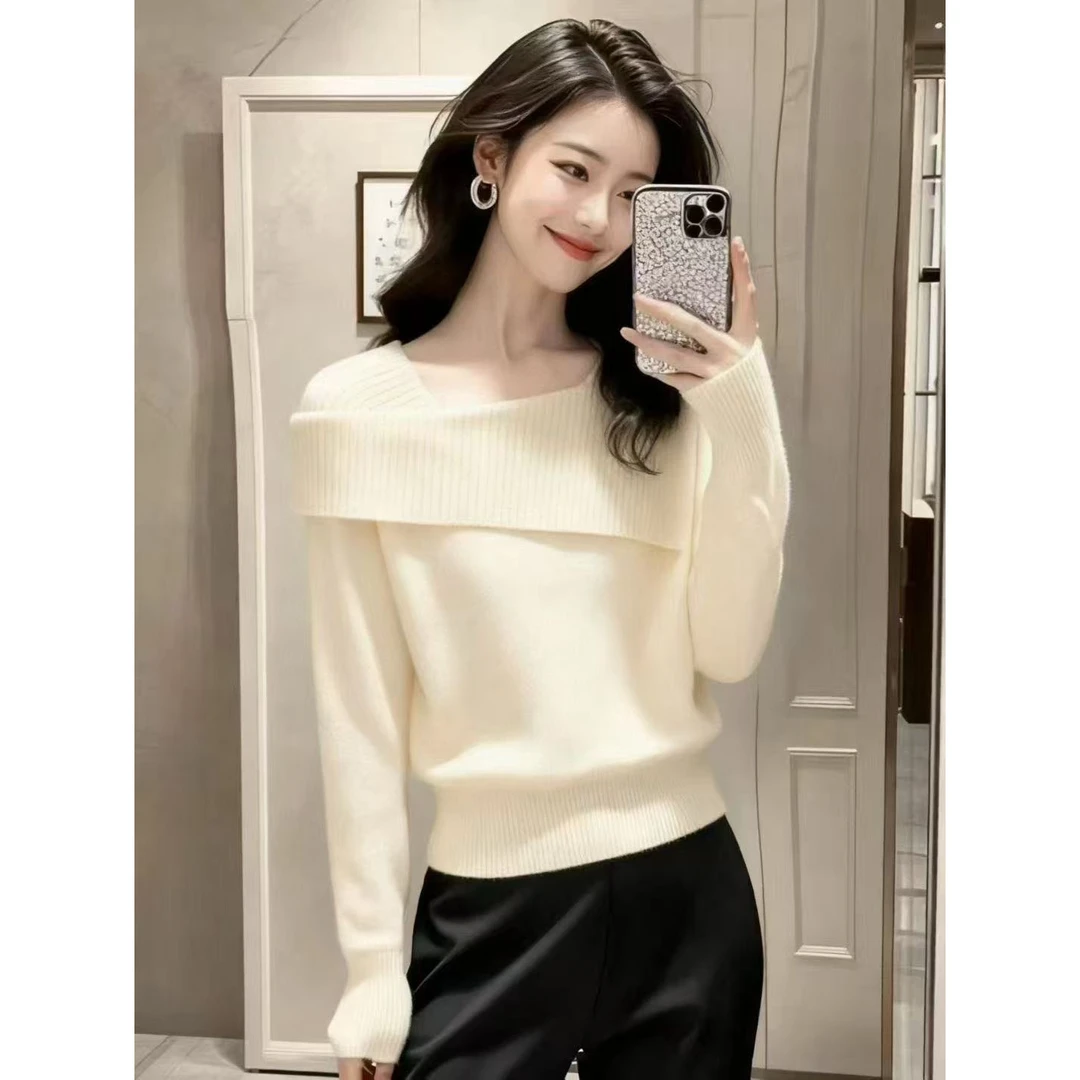 女装秋季新款毛衣洋气百搭设计感一字翻领打底针织上衣