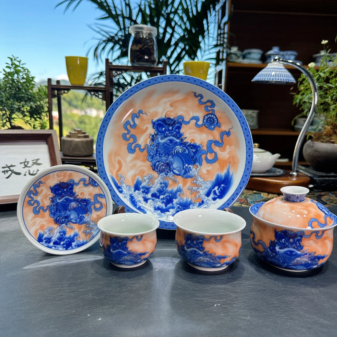 景德镇矾红描金醒狮功夫茶器家用高端茶器