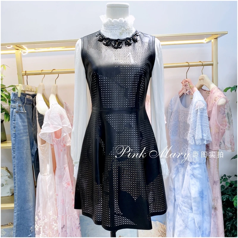 Pink Mary粉红玛琍黑色圆领无袖真皮连衣裙子休闲女装PMAGS580188