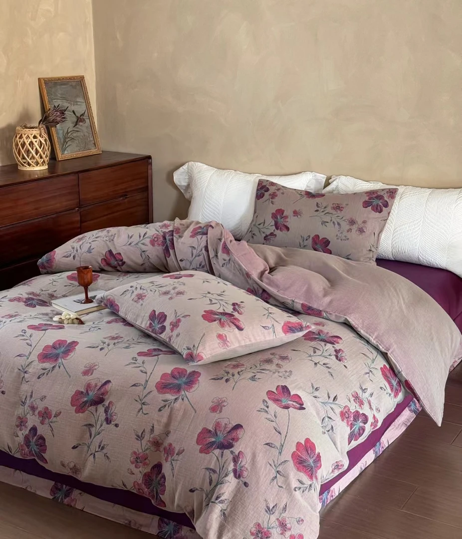 高端纯棉双纱全棉色织双层纱四件套轻奢床上用品亲肤柔软套件