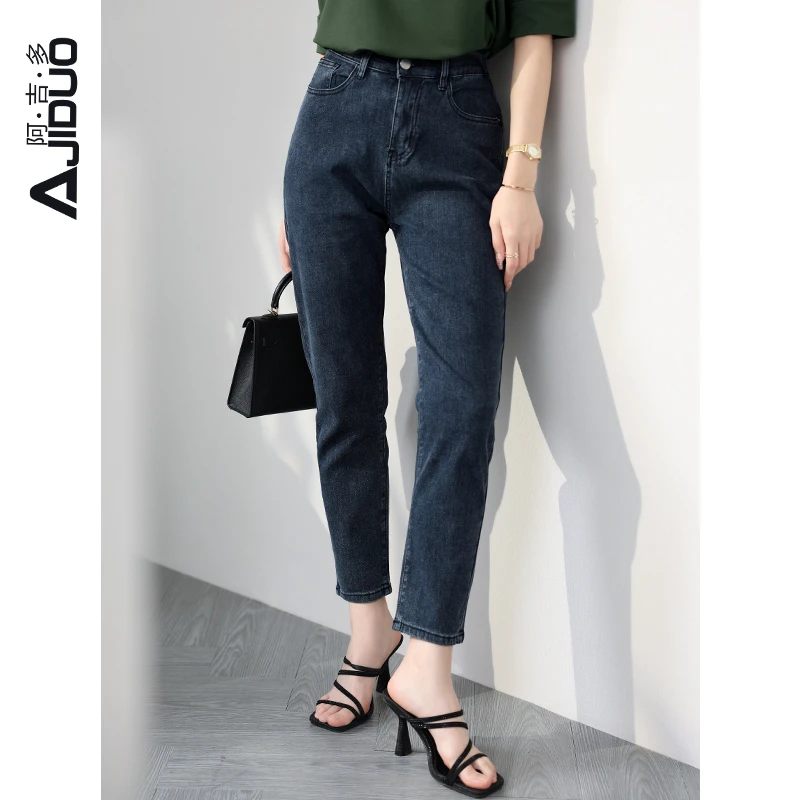 阿吉多牛仔裤女高腰显瘦烟管裤2025春秋新款大码女装显高直筒裤女