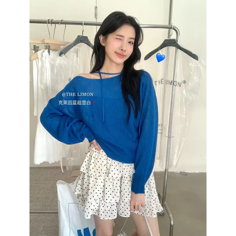 （6-8运贴）“小心机穿搭”慵懒感斜肩针织衫带绑带春夏韩系露肩T恤