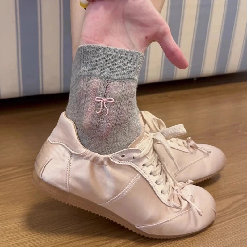 灰色芭蕾风袜子女款短袜日系ins潮夏季薄款透气蝴蝶结镂空短筒YY