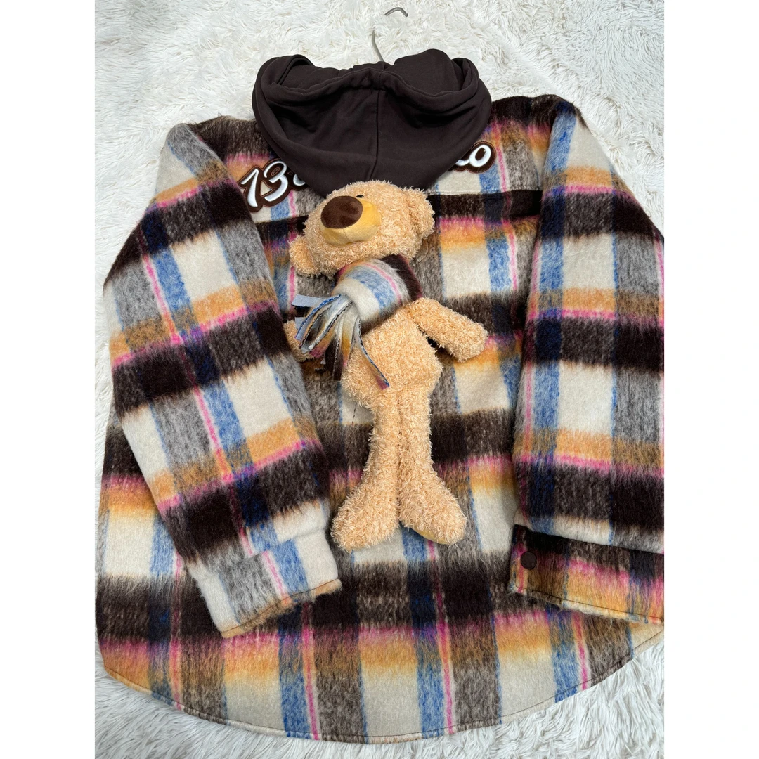 【YU·PP】（123）小众假两件格子时尚棕玩偶秋冬长款连帽外套（P0206）