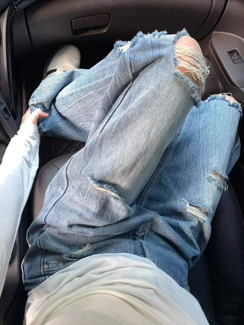美式破洞牛仔裤男女2025新款复古破坏宽松水洗直筒阔腿裤拖地长裤