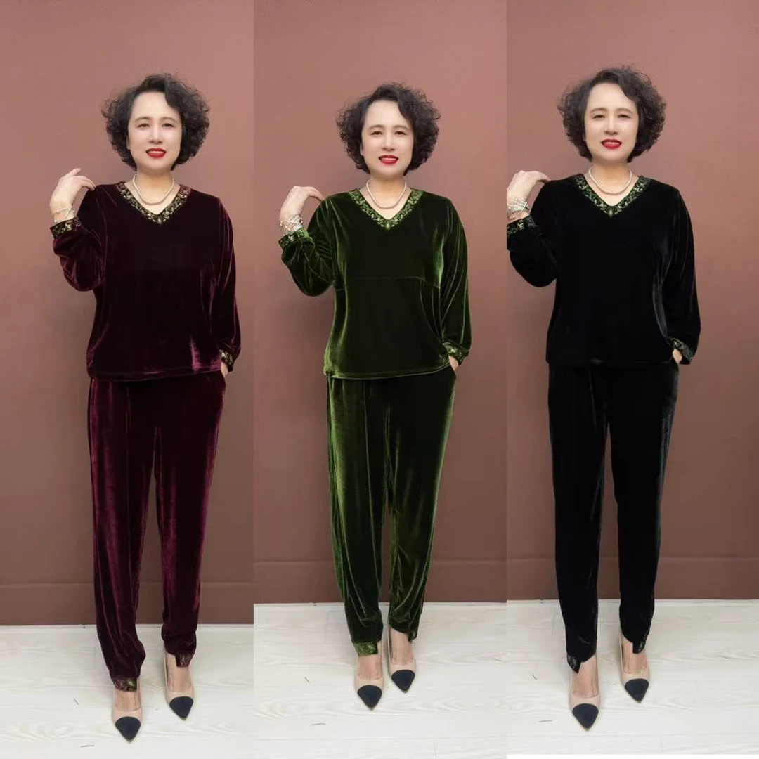中老年女装妈妈套装长袖休闲宽松