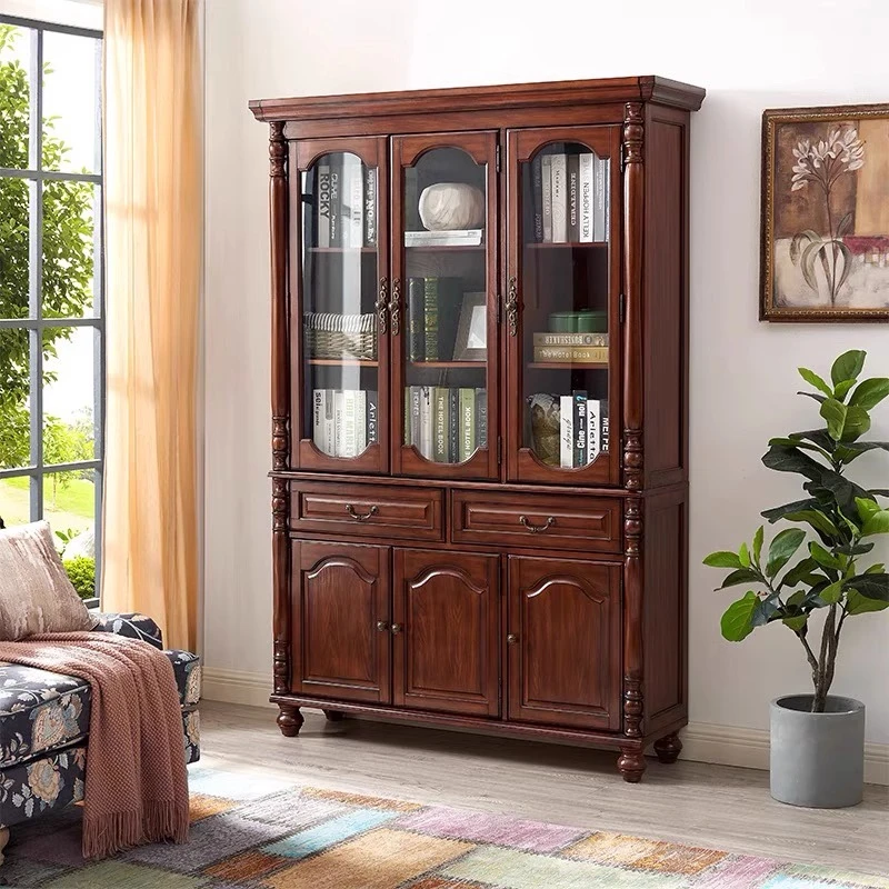 美式实木书柜书房储物柜带玻璃门书橱落地置物架防尘展示立柜组合