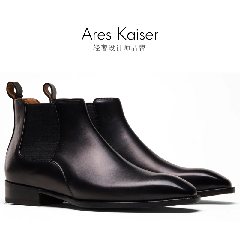 509-【真皮琴底】高帮方头切尔西靴全牛皮短靴商务英伦潮流男靴皮鞋