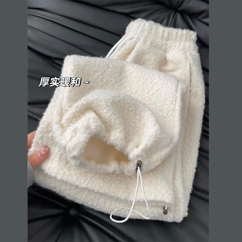 CHAO火推荐！米白色两穿摇粒绒裤子女冬季加绒加厚束脚休闲裤子