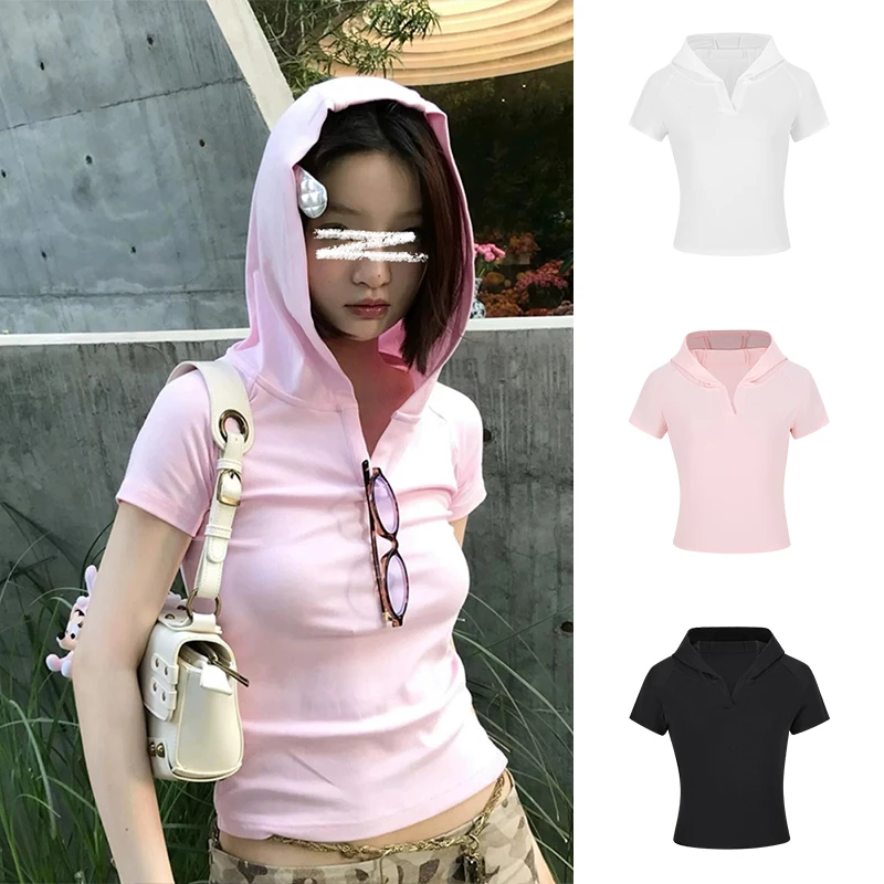 Moses Queen/魔西女王美式复古V领连帽短款上衣掐腰显瘦短袖T恤