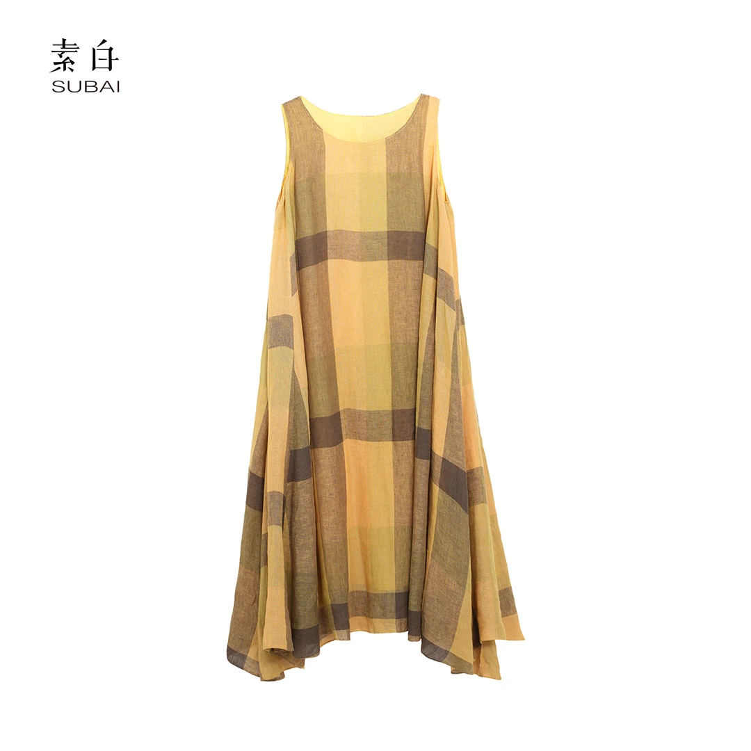 SB3240492982【素白】马乖素白亚麻格背心时尚夏季复古格子连衣裙