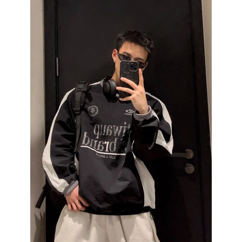 中性2025秋季新品实拍美式复古情侣款套头印花卫衣男