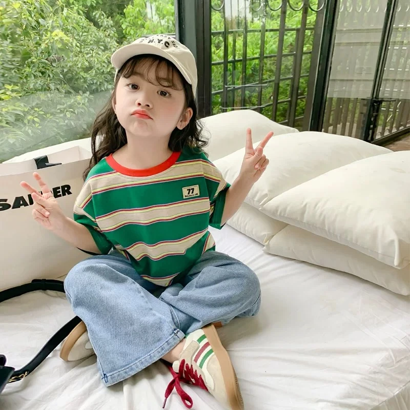 女童短袖夏装童装2025新款儿童T恤洋气夏季衣服宝宝百搭条纹上衣