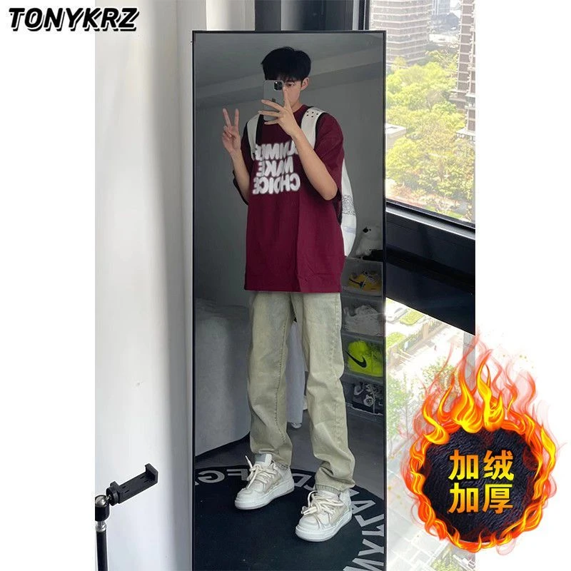 TONYKRZ美式vibe裤子男款黄泥色牛仔裤潮牌修身加绒加厚直筒裤子
