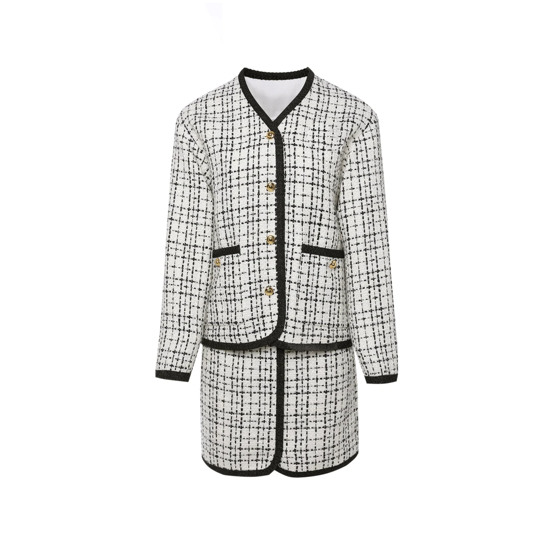 轻奢小香风黑白格子粗花呢套装0008