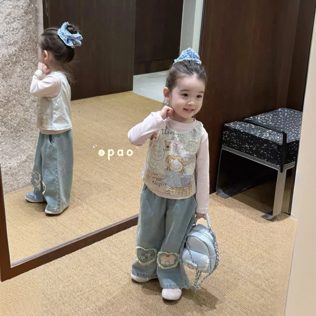 女童套装2025秋冬韩版宝宝可爱粉色长袖T恤背心两件套直筒牛仔裤