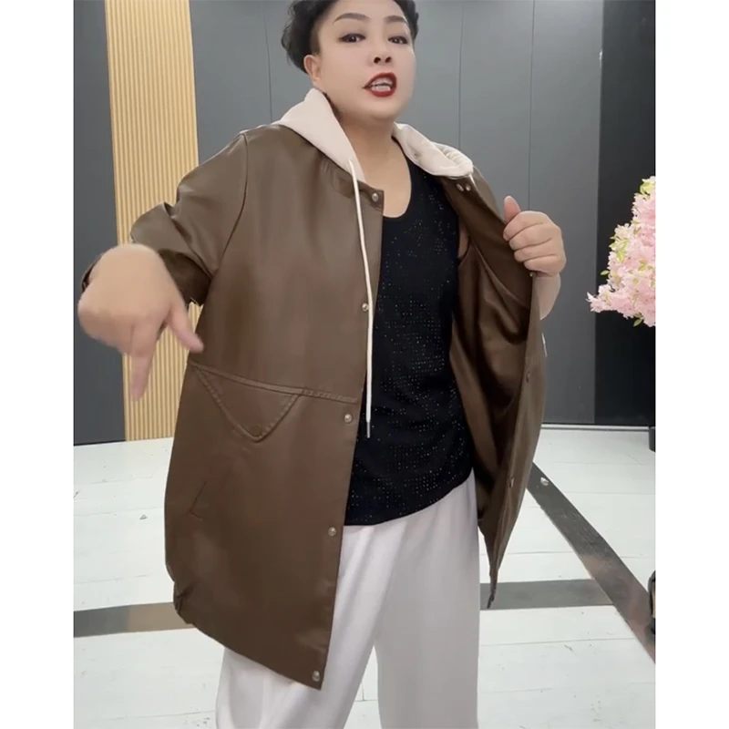 春秋水洗PU外套百搭休闲连帽开衫女士长袖按扣带口袋宽松显瘦外衣