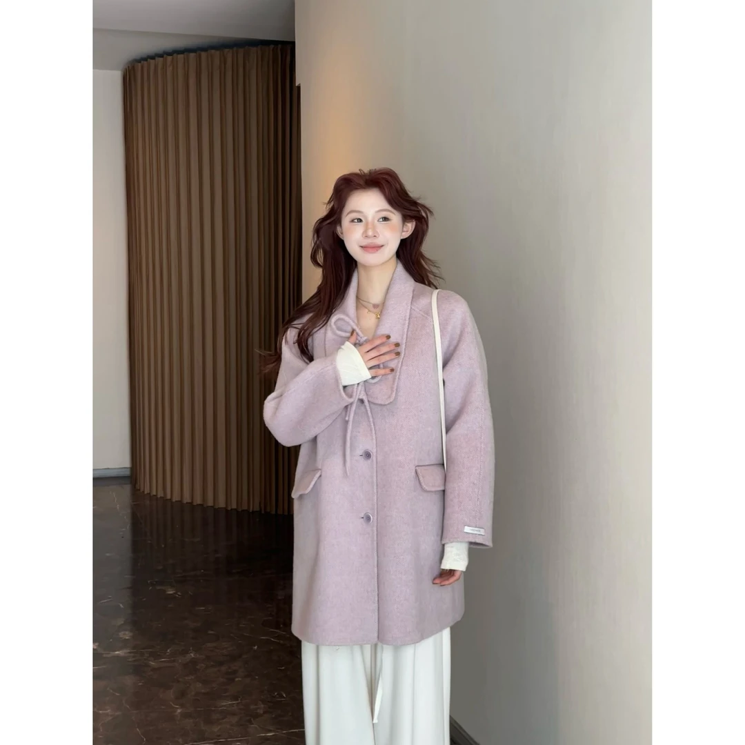 美静 【短款】紫色含羊毛羊驼毛桑蚕丝双面呢大衣XMZH5794