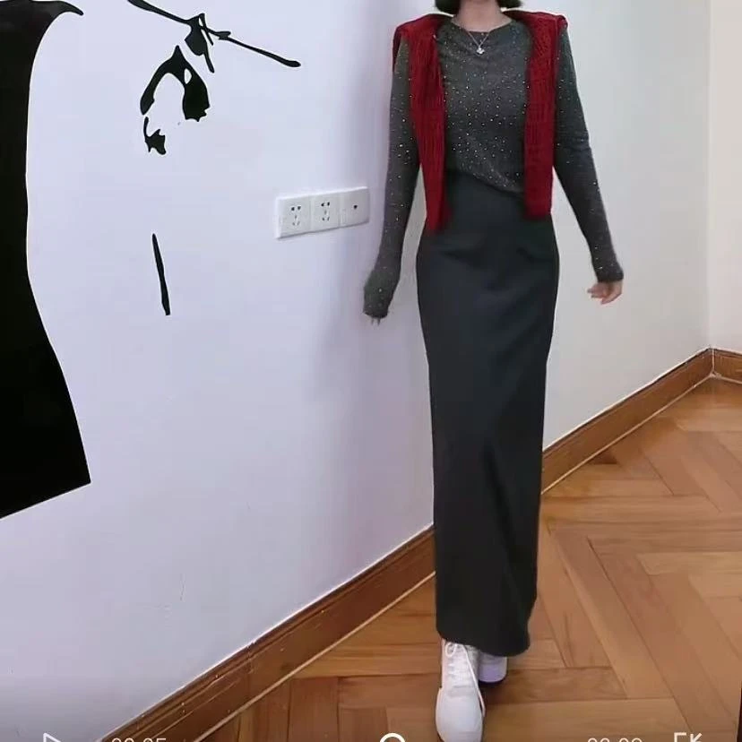 2025轻奢直筒开衩半身裙显瘦气质高腰半身裙609