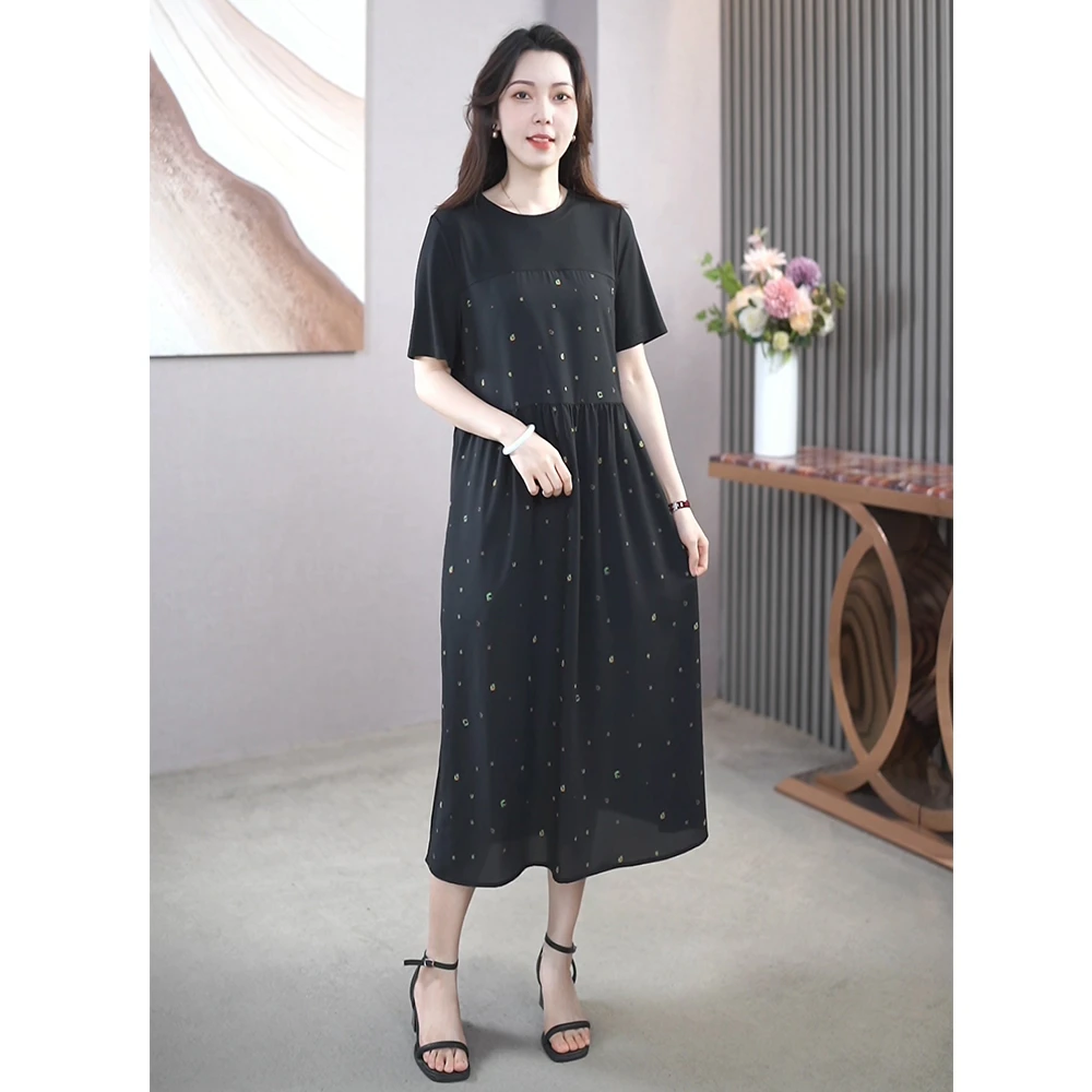 大码时尚拼接短袖连衣裙女夏装洋气妈妈装宽松中长款A字裙A21669