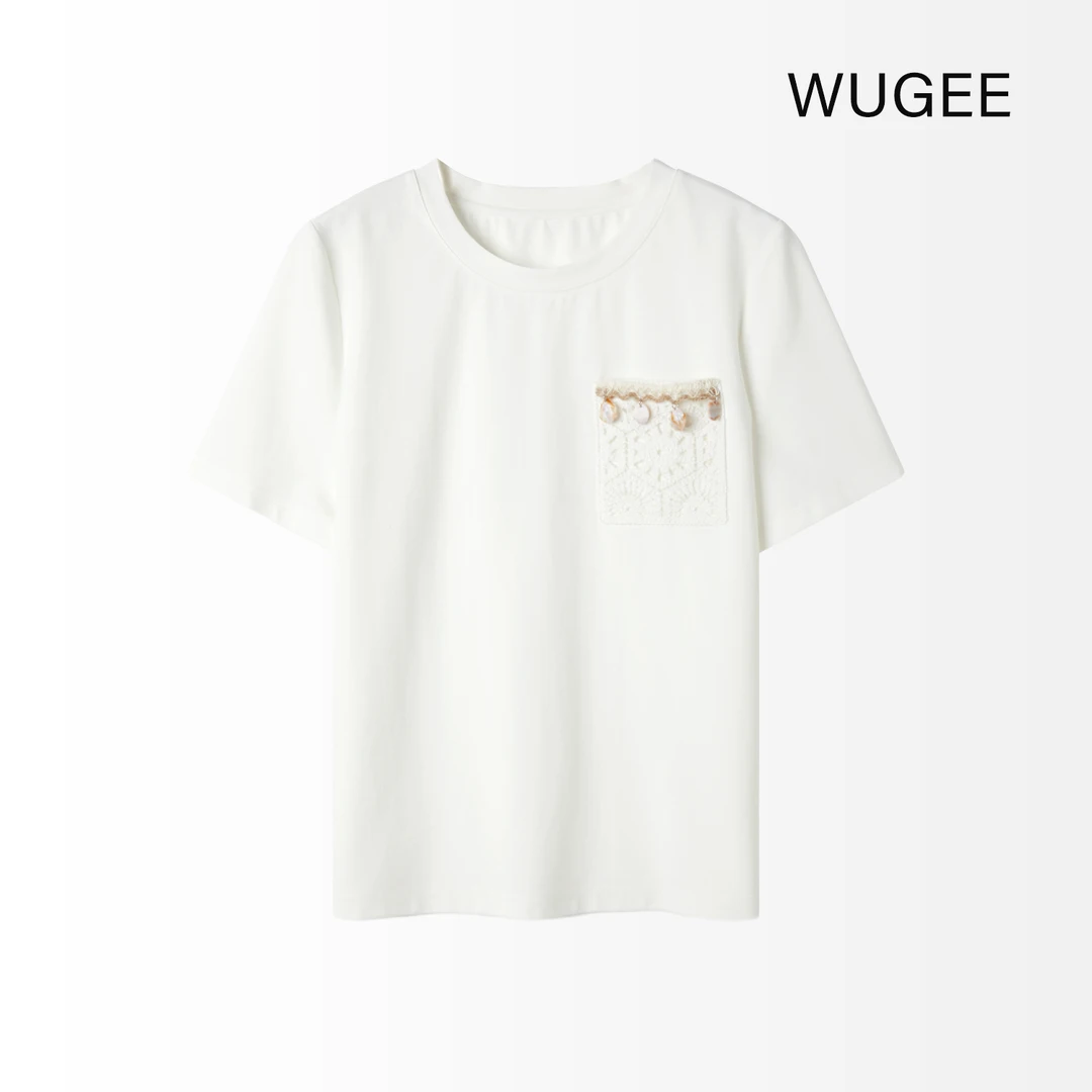 【WUGEE】夏款休闲时尚百搭印花刺绣贝壳圆领T恤
