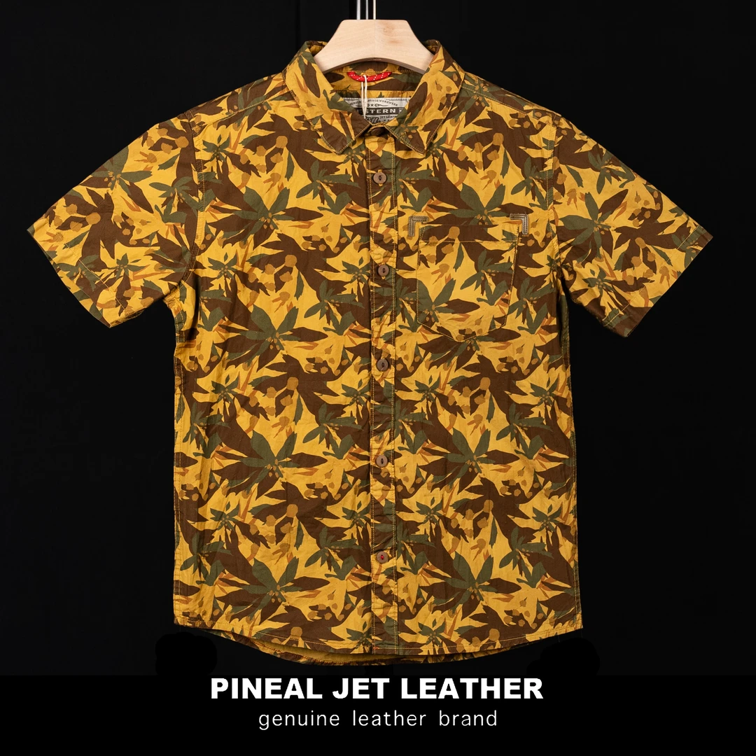 PJL新款纯棉印花短袖衬衫复古阿美咔叽休闲油画风衬衣K