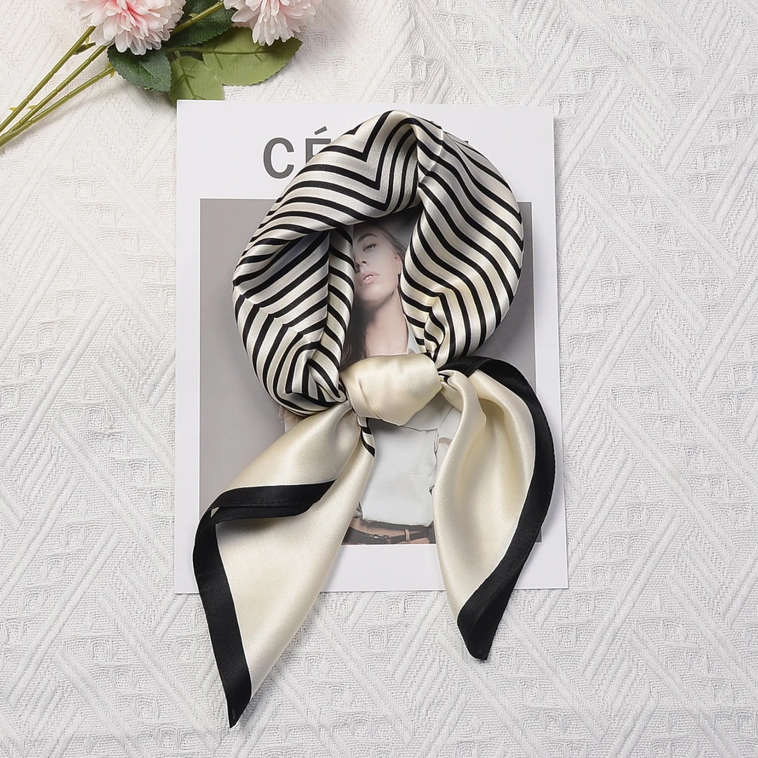 真丝丝巾女春季洋气条纹网红ins桑蚕丝丝巾百搭70方巾高级感围巾