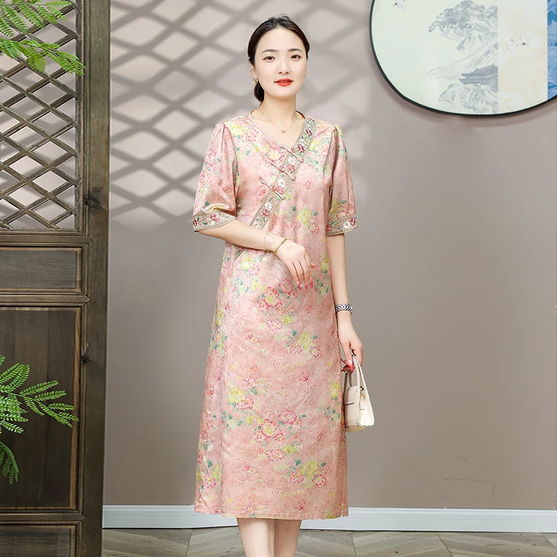 女士夏季新款刺绣新中式国风盘扣中袖中长连衣裙拼接女装8593-1
