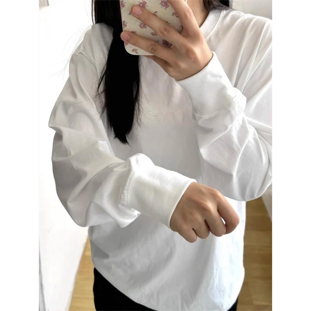 超火白色圆领长袖T恤女春秋季韩版宽松显瘦打底衫内搭外穿ins上衣