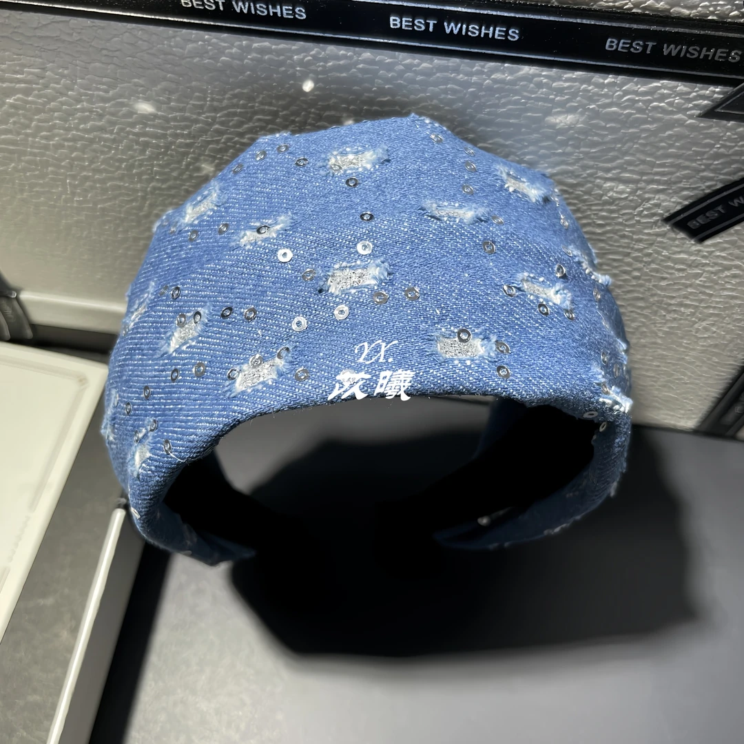 韩版高颅顶牛仔发箍小众时髦气质宽边遮白发亮片高端头箍潮牌发卡