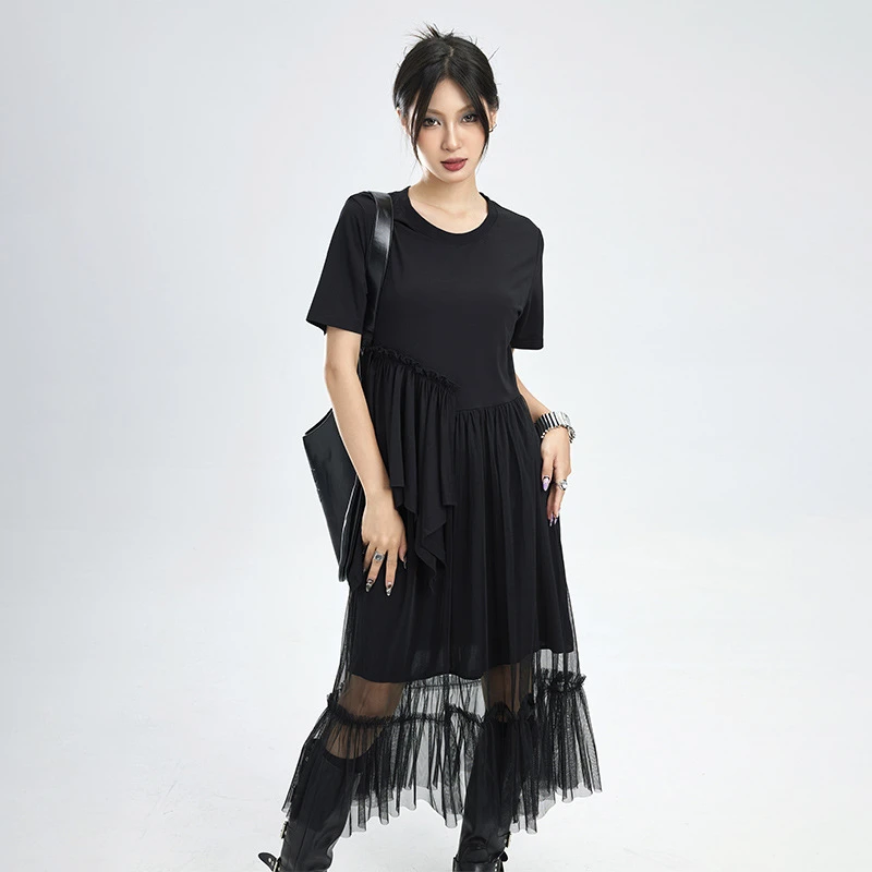 潮牌网纱连衣裙春季女高级感夏季新款宽松中长款拼接裙子ZX30879