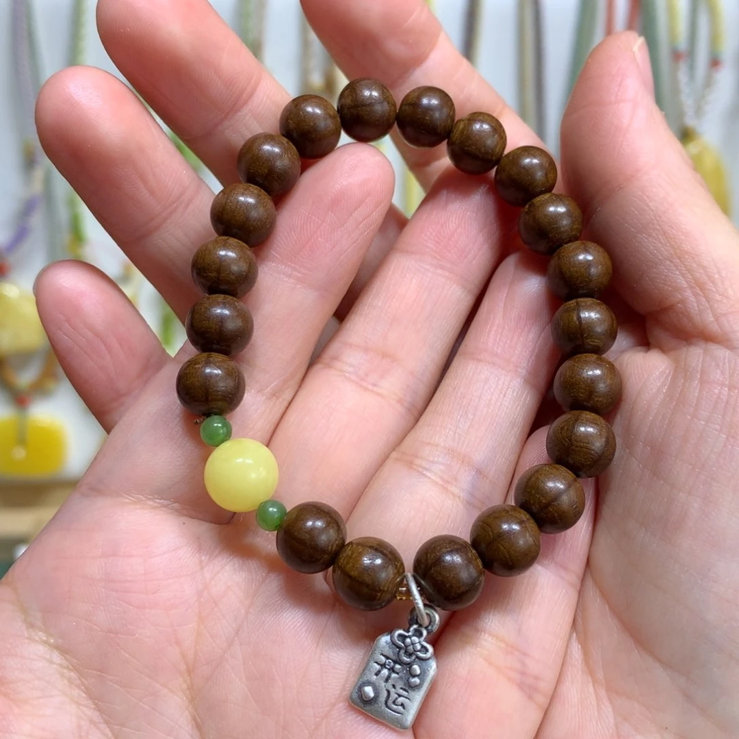 蜜蜡手链银S925镶嵌9m m