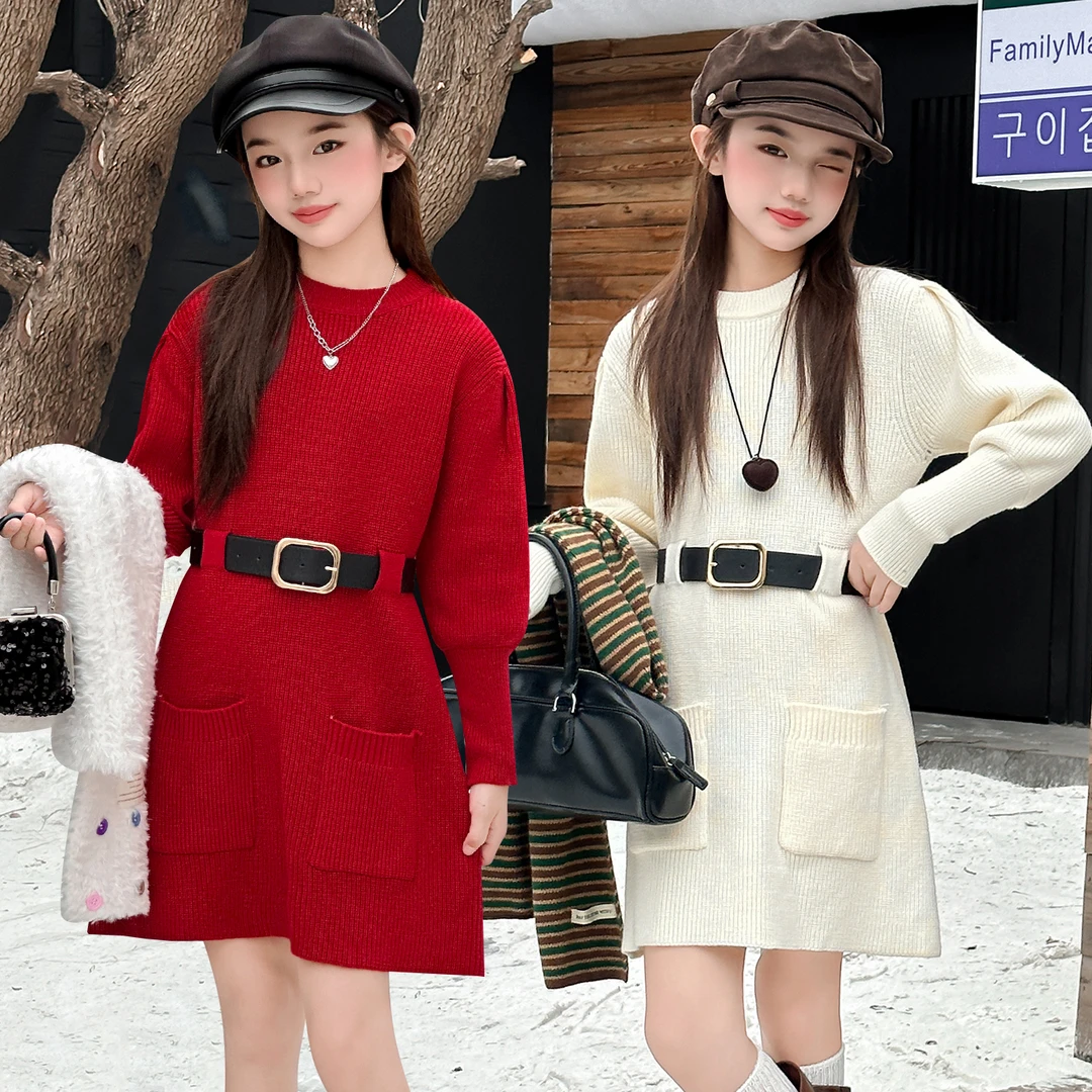 [专柜品质]女童连衣裙秋冬装大童设计感修身裙子小女孩中长款毛衣