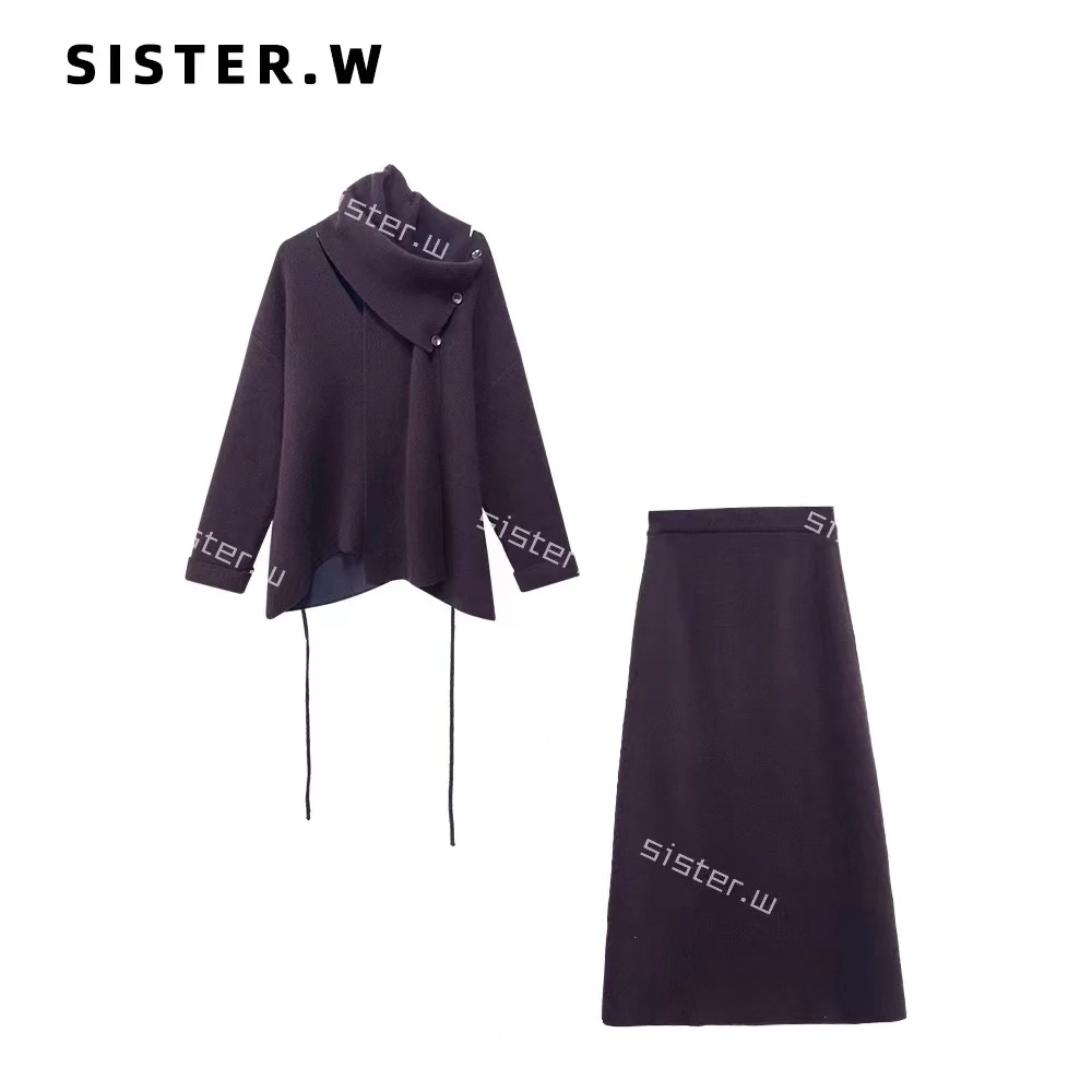 【no退no换】法式复古可拆卸围脖羊毛毛衣 +显瘦半身裙套装  6027