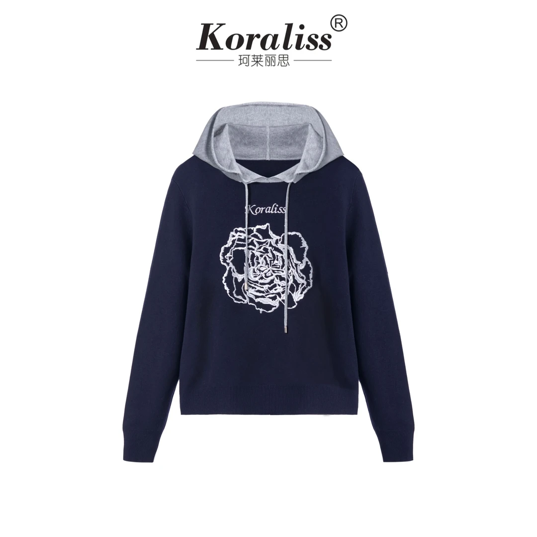 Koraliss新品时尚百搭新款针织连帽长袖针织衫95665
