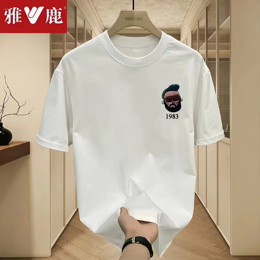 雅鹿重磅纯棉短袖t恤男士夏季韩版宽松潮流休闲时尚印花圆领T恤男