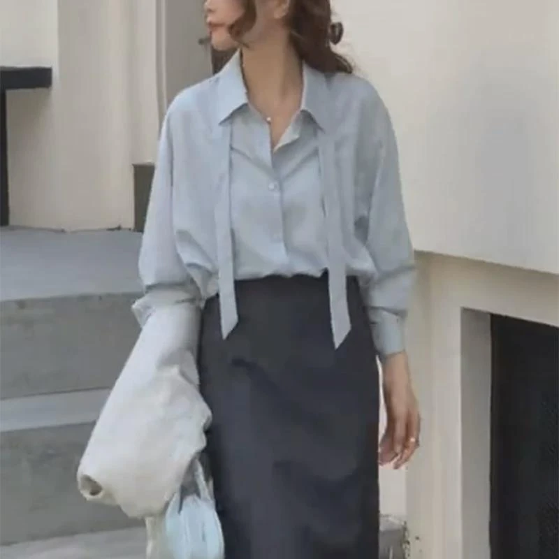 设计感飘带蓝色衬衫女2024秋季新款轻奢高级气质衬衣宽松长袖上衣