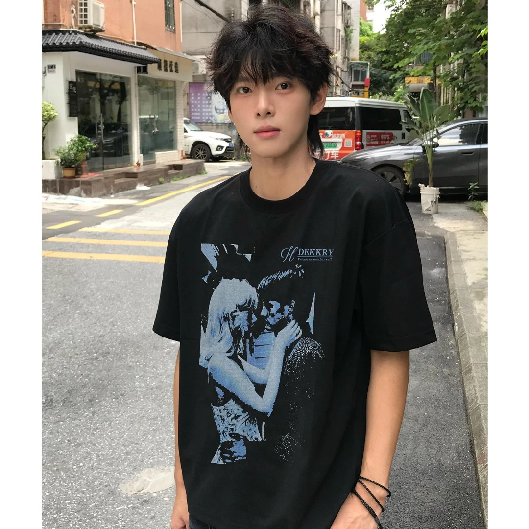 100%纯棉美式高街潮流人物字母印花短袖T恤夏季男女休闲百搭上衣