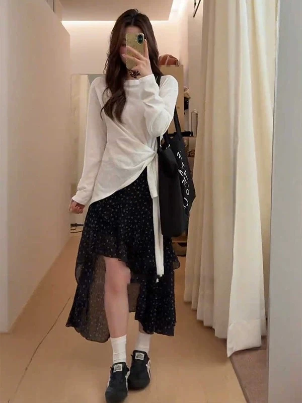 飘摆黑花韩系碎花印花通勤半身裙韩版高腰裙子温柔法式复古