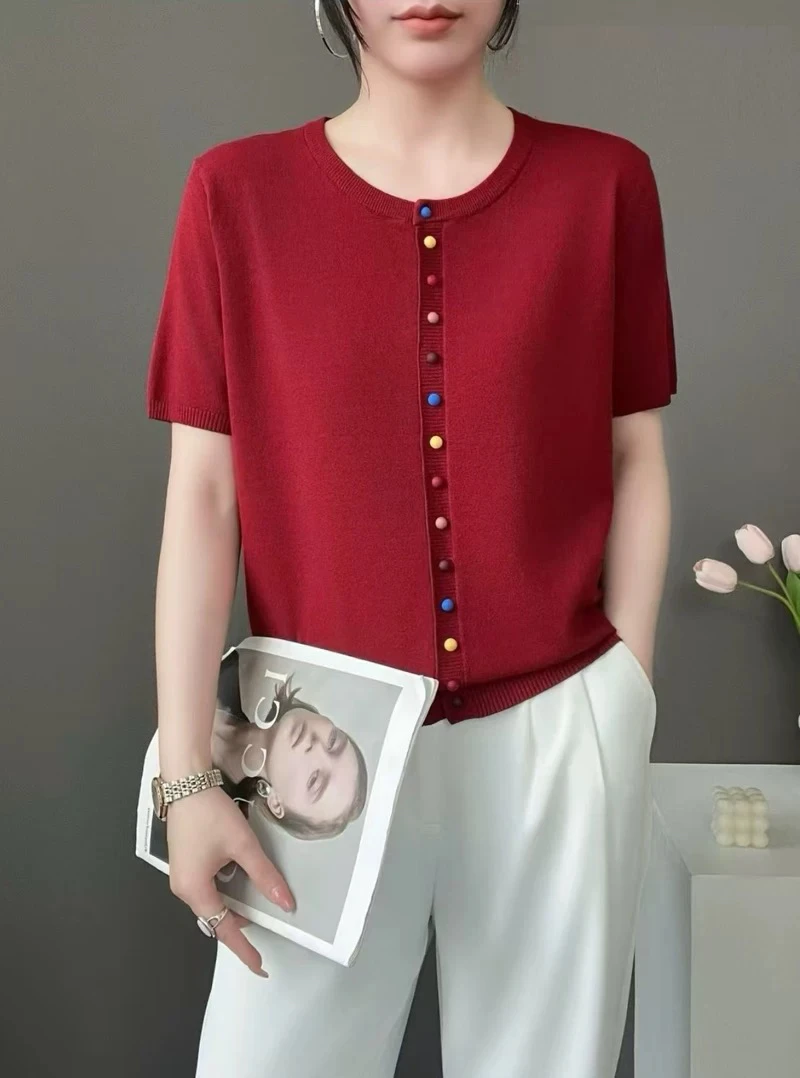 淑女常规款夏季短袖圆领毛针织衫纯色洋气垃圾摇滚风