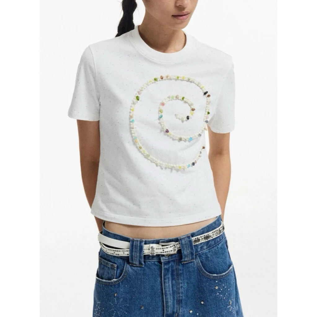 CONP 25SS “海滩回声”旋涡手缝串石海螺织带彩点提花短袖